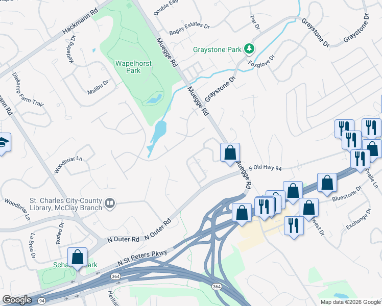 map of restaurants, bars, coffee shops, grocery stores, and more near 1771 Florine Boulevard in Saint Charles