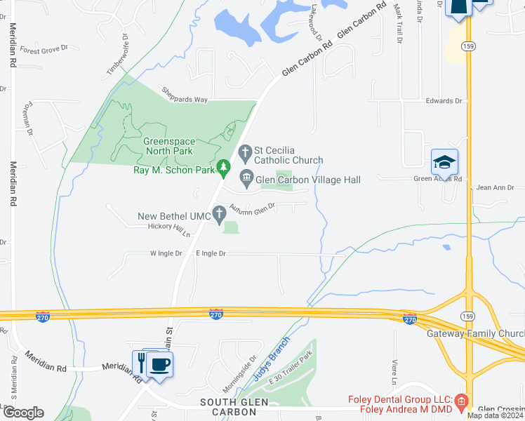 map of restaurants, bars, coffee shops, grocery stores, and more near 38 Autumn Glen Drive in Glen Carbon