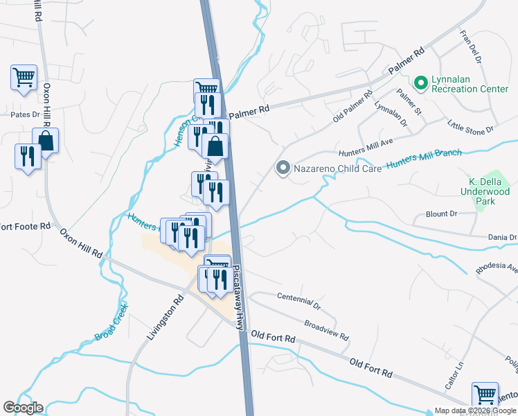 map of restaurants, bars, coffee shops, grocery stores, and more near 9300 Old Palmer Road in Fort Washington