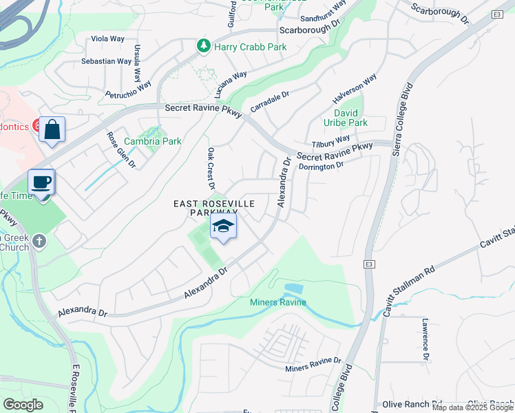 map of restaurants, bars, coffee shops, grocery stores, and more near 2801 Alexandra Drive in Roseville