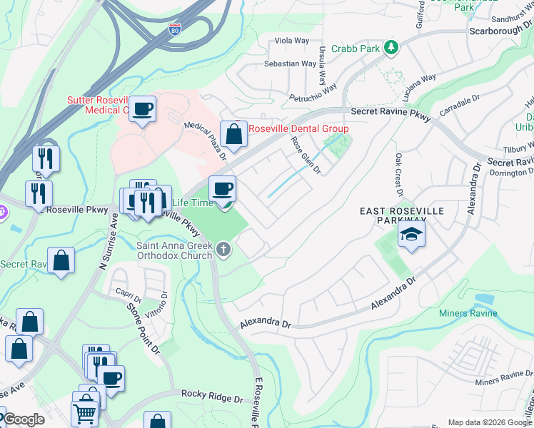 map of restaurants, bars, coffee shops, grocery stores, and more near 1512 Falcon Pointe Lane in Roseville