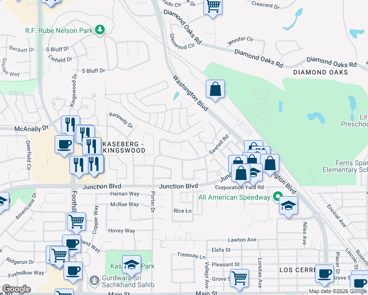 map of restaurants, bars, coffee shops, grocery stores, and more near 104 Rider Court in Roseville