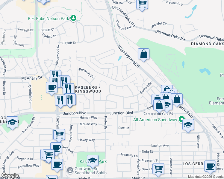 map of restaurants, bars, coffee shops, grocery stores, and more near 350 Sawtell Road in Roseville