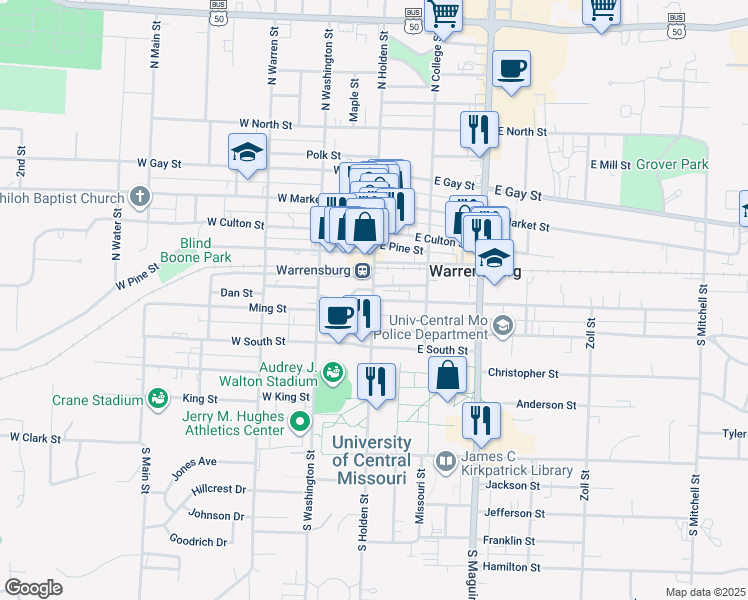 map of restaurants, bars, coffee shops, grocery stores, and more near 210 South Holden Street in Warrensburg