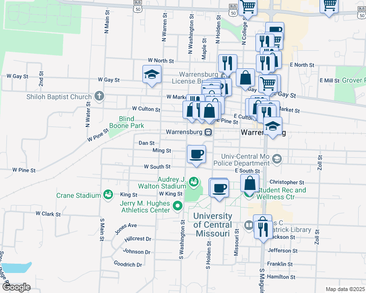 map of restaurants, bars, coffee shops, grocery stores, and more near 121 Ming Street in Warrensburg