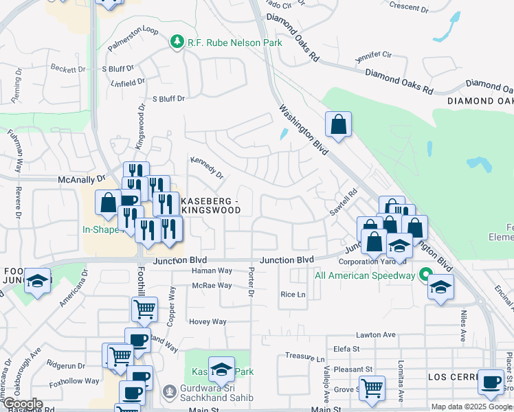 map of restaurants, bars, coffee shops, grocery stores, and more near 350 Sawtell Road in Roseville