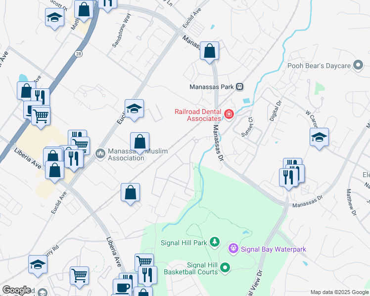 map of restaurants, bars, coffee shops, grocery stores, and more near 8825 Peregrine Heights Road in Old Town Manassas