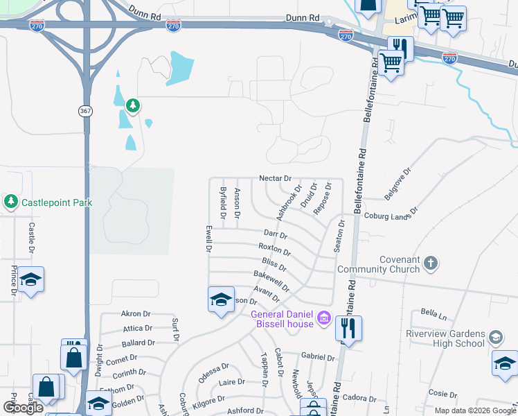map of restaurants, bars, coffee shops, grocery stores, and more near 1218 Hoyt Drive in St. Louis