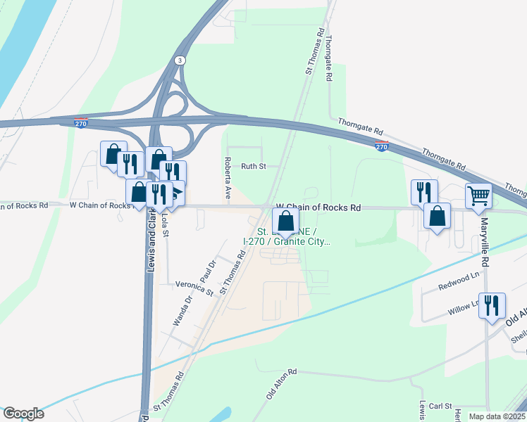 map of restaurants, bars, coffee shops, grocery stores, and more near West Chain of Rocks Road in Granite City