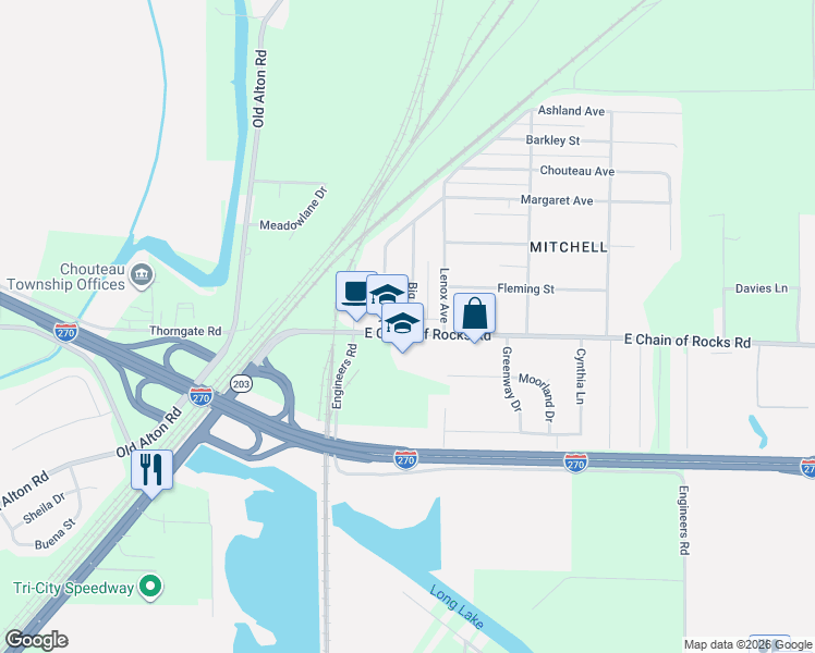 map of restaurants, bars, coffee shops, grocery stores, and more near 317 East Chain of Rocks Road in Granite City