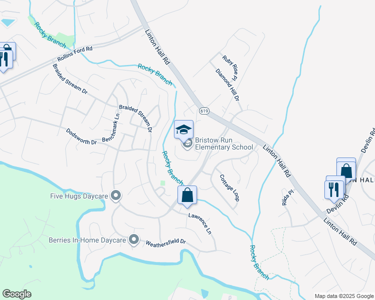 map of restaurants, bars, coffee shops, grocery stores, and more near 8990 Worthington Drive in Bristow