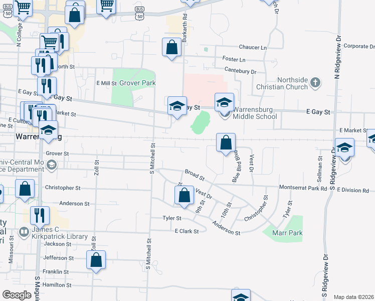 map of restaurants, bars, coffee shops, grocery stores, and more near 734 East Culton Street in Warrensburg