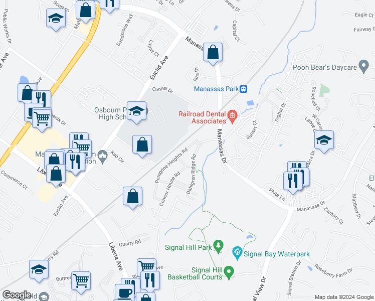 map of restaurants, bars, coffee shops, grocery stores, and more near 8825 Peregrine Heights Road in City of Manassas