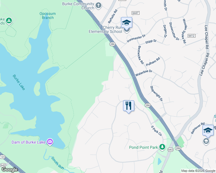 map of restaurants, bars, coffee shops, grocery stores, and more near 7106 Laketree Court in Fairfax Station