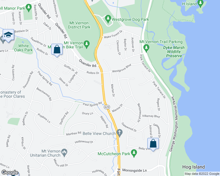 map of restaurants, bars, coffee shops, grocery stores, and more near 7112 Marlan Drive in Alexandria