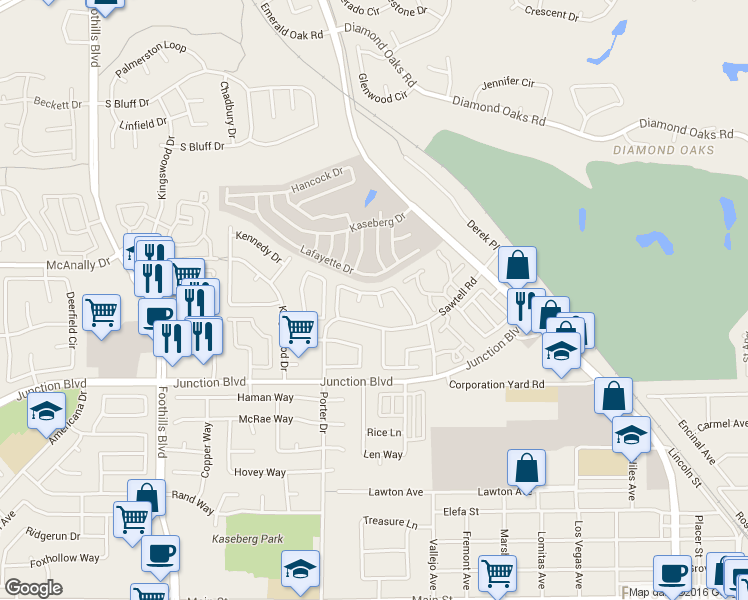 map of restaurants, bars, coffee shops, grocery stores, and more near 104 Rider Court in Roseville