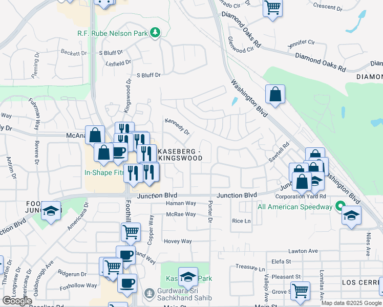 map of restaurants, bars, coffee shops, grocery stores, and more near in Roseville