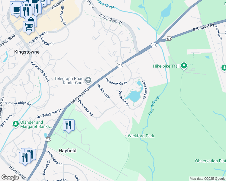 map of restaurants, bars, coffee shops, grocery stores, and more near 5307 Mariners Mill Court in Alexandria