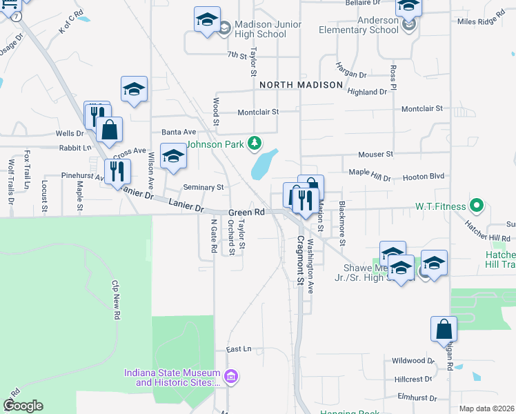 map of restaurants, bars, coffee shops, grocery stores, and more near 607 Green Road in Madison