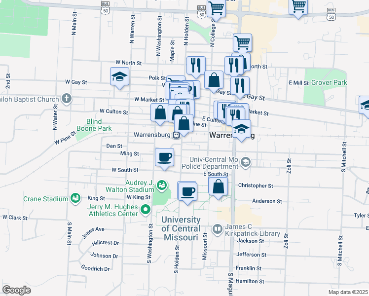 map of restaurants, bars, coffee shops, grocery stores, and more near 108 Grover Street in Warrensburg