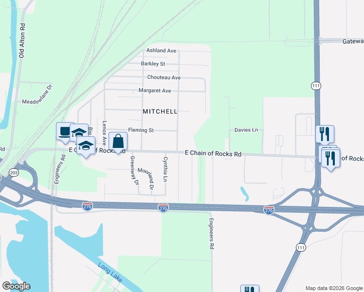 map of restaurants, bars, coffee shops, grocery stores, and more near 705 East Chain of Rocks Road in Granite City