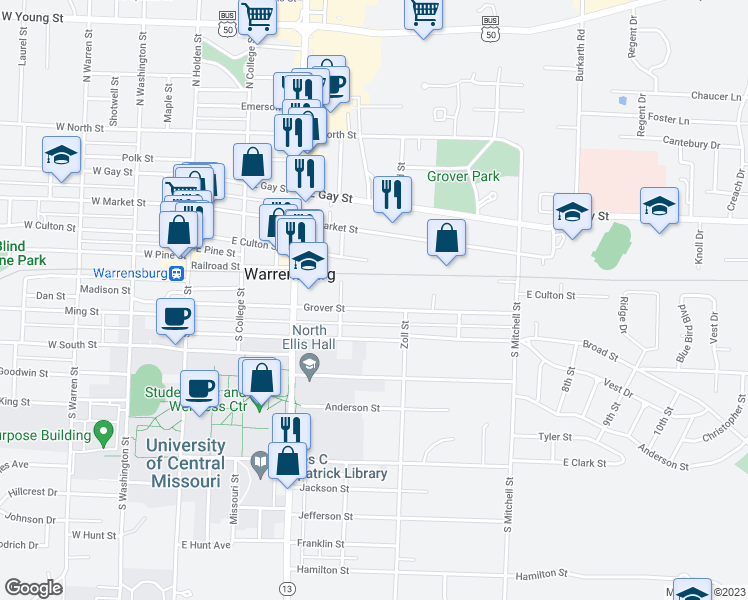 map of restaurants, bars, coffee shops, grocery stores, and more near 415 Grover Street in Warrensburg