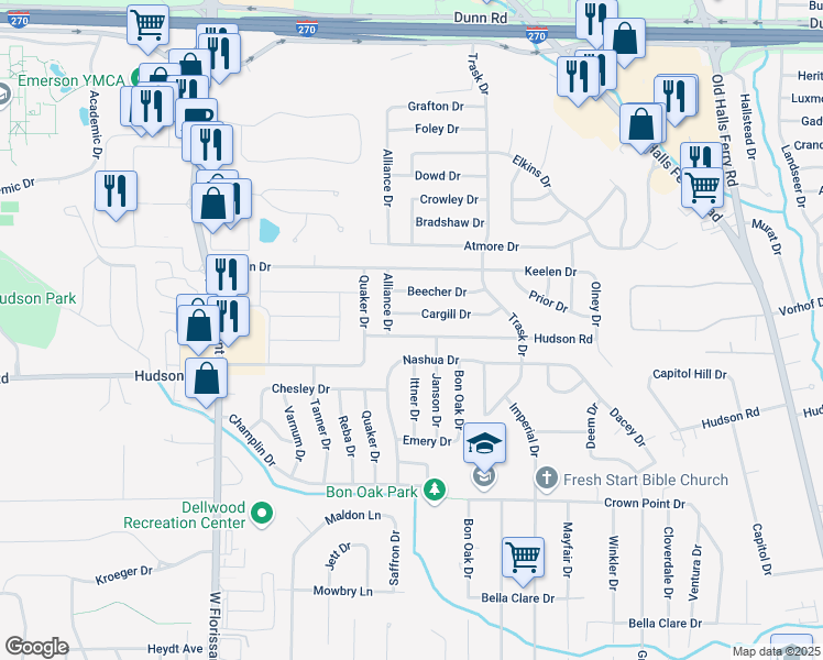 map of restaurants, bars, coffee shops, grocery stores, and more near 10407 Janson Drive in St. Louis
