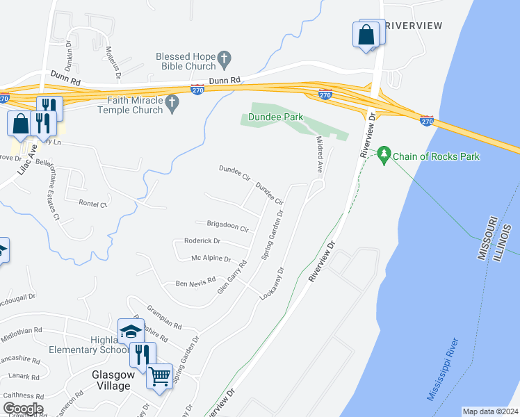 map of restaurants, bars, coffee shops, grocery stores, and more near 10829 Glen Garry Road in St. Louis