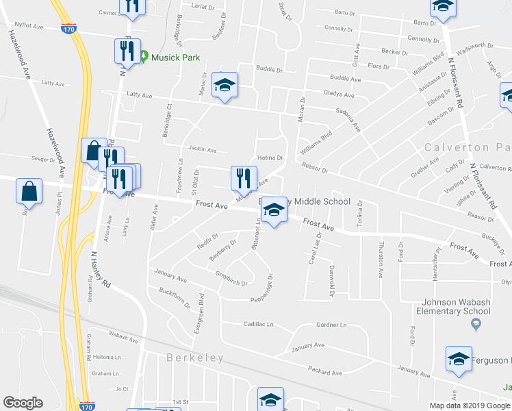map of restaurants, bars, coffee shops, grocery stores, and more near 8337 Frost Avenue in St. Louis
