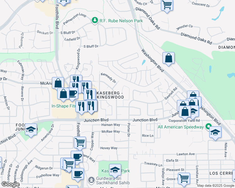 map of restaurants, bars, coffee shops, grocery stores, and more near in Roseville
