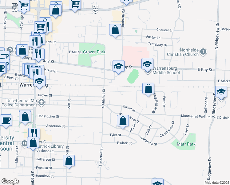 map of restaurants, bars, coffee shops, grocery stores, and more near 718 East Culton Street in Warrensburg