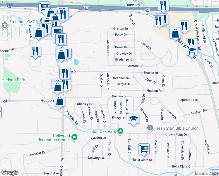 map of restaurants, bars, coffee shops, grocery stores, and more near 1700 Hudson Road in St. Louis