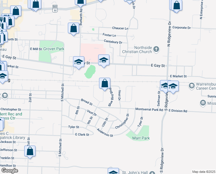 map of restaurants, bars, coffee shops, grocery stores, and more near 916 Ridge Drive in Warrensburg