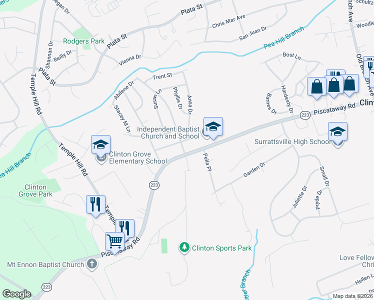 map of restaurants, bars, coffee shops, grocery stores, and more near 9317 Piscataway Road in Clinton