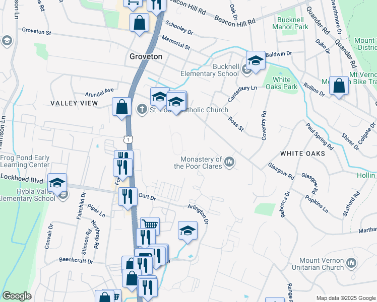 map of restaurants, bars, coffee shops, grocery stores, and more near 2709 Popkins Lane in Alexandria