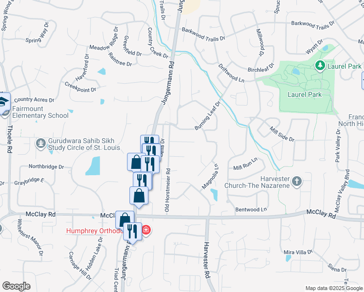 map of restaurants, bars, coffee shops, grocery stores, and more near 392 Old Horstmeier Road in St. Peters