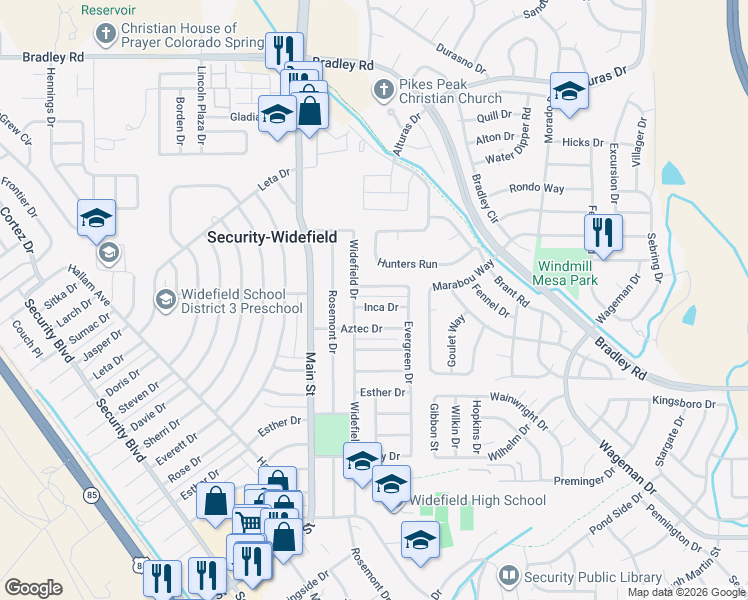 map of restaurants, bars, coffee shops, grocery stores, and more near 513 Inca Drive in Colorado Springs