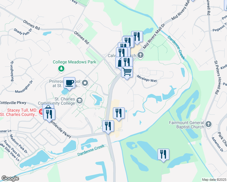 map of restaurants, bars, coffee shops, grocery stores, and more near 4632 Mid Rivers Mall Drive in Cottleville