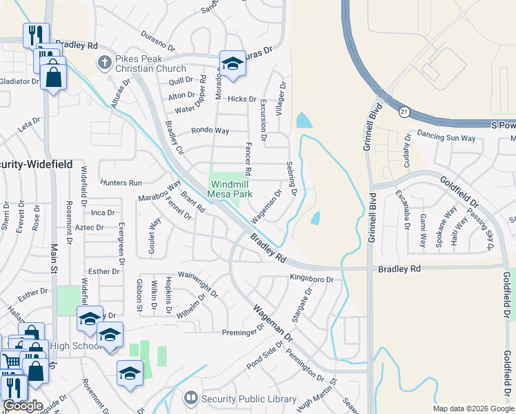 map of restaurants, bars, coffee shops, grocery stores, and more near 5022 Sebring Drive in Colorado Springs
