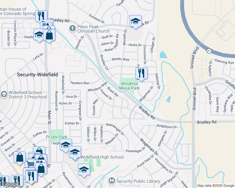 map of restaurants, bars, coffee shops, grocery stores, and more near 4725 Expedition Drive in Colorado Springs