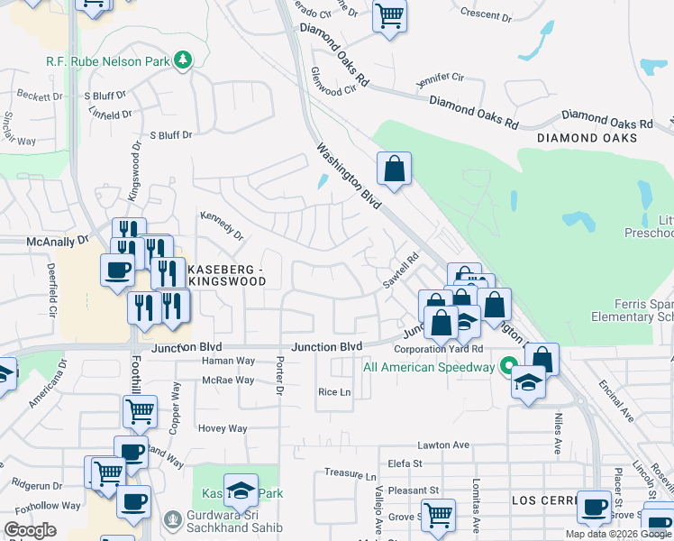 map of restaurants, bars, coffee shops, grocery stores, and more near 104 Rider Court in Roseville