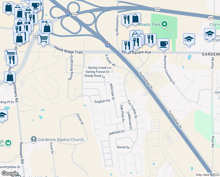 map of restaurants, bars, coffee shops, grocery stores, and more near 448 Wild Oak Drive in Dardenne Prairie