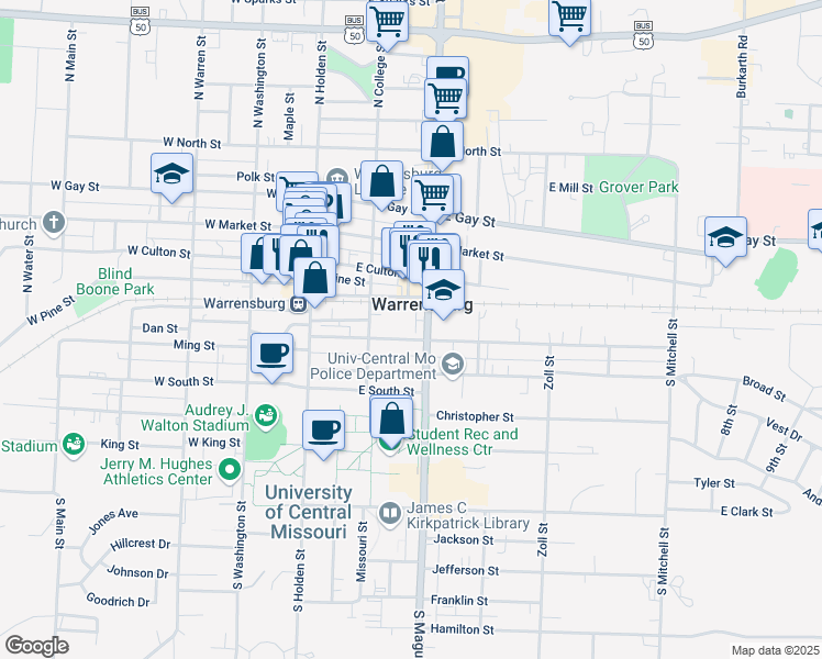 map of restaurants, bars, coffee shops, grocery stores, and more near 214 Grover Street in Warrensburg