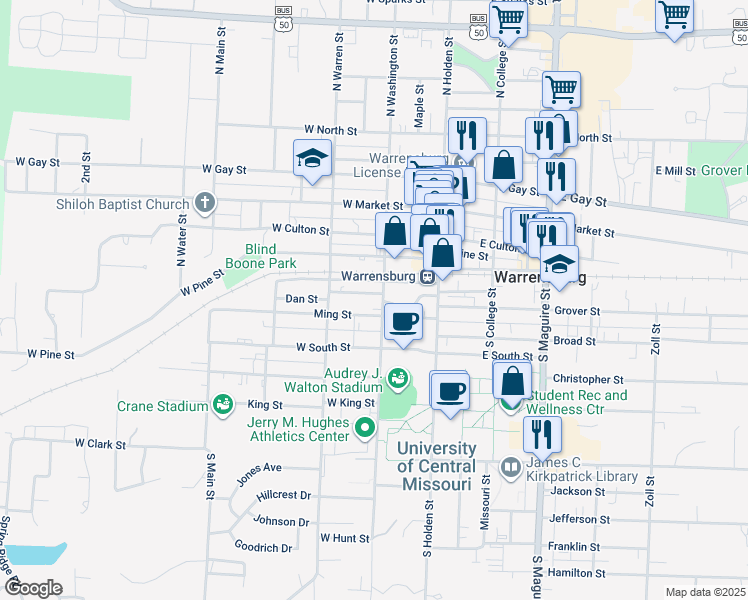 map of restaurants, bars, coffee shops, grocery stores, and more near 121 Ming Street in Warrensburg