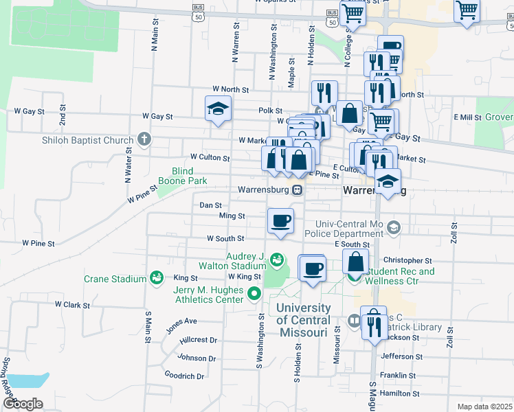 map of restaurants, bars, coffee shops, grocery stores, and more near 208 Ming Street in Warrensburg