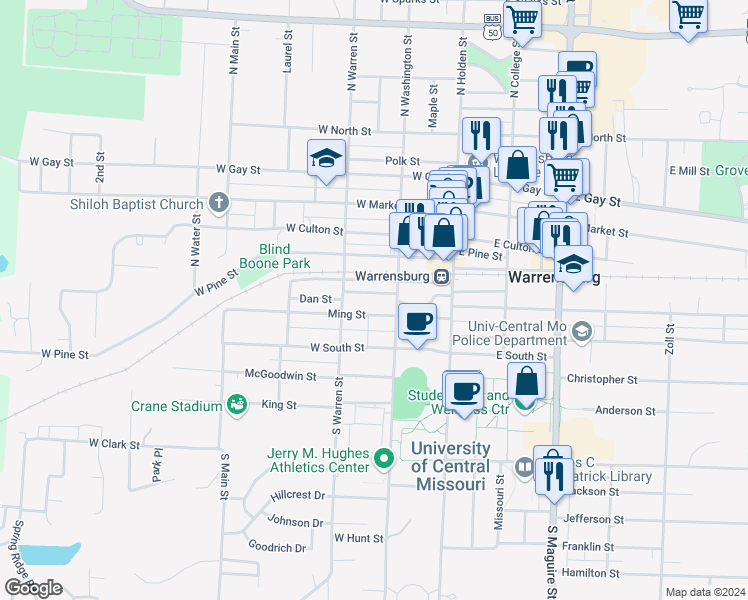 map of restaurants, bars, coffee shops, grocery stores, and more near 208 Ming Street in Warrensburg