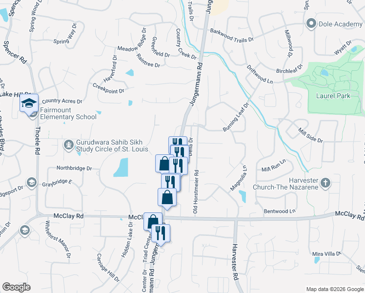 map of restaurants, bars, coffee shops, grocery stores, and more near 355 Della Drive in St. Peters