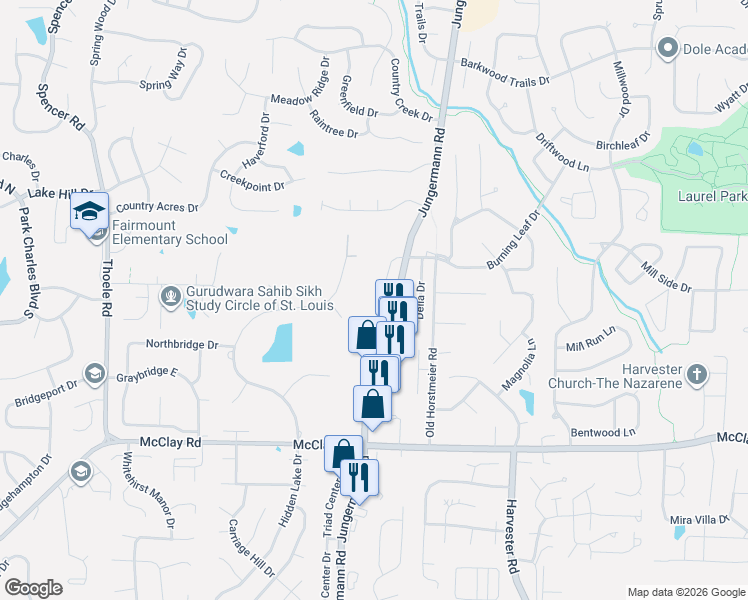 map of restaurants, bars, coffee shops, grocery stores, and more near 439 Omar Court in St. Peters