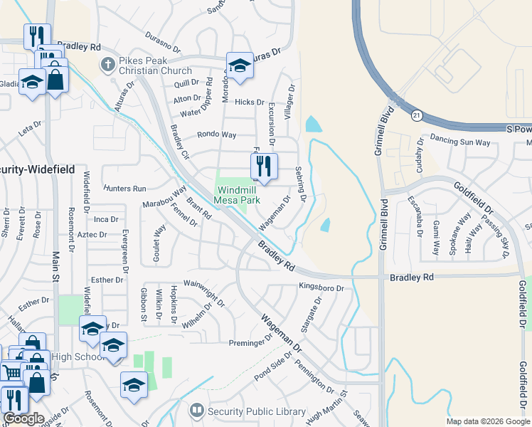 map of restaurants, bars, coffee shops, grocery stores, and more near 5022 Sebring Drive in Colorado Springs