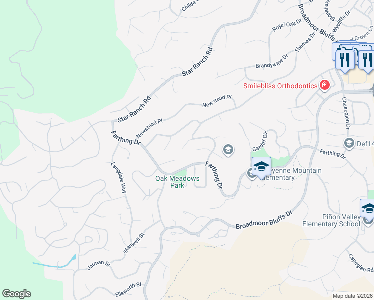 map of restaurants, bars, coffee shops, grocery stores, and more near 65 Abrook Court in Colorado Springs